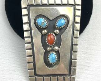 925 Silver Yazzie Turquoise Coral Bolo Tie Clasp