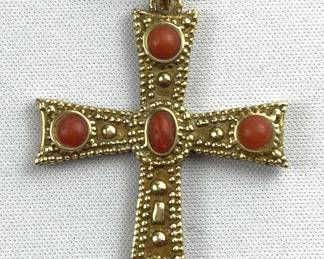 18K Yellow Gold Red Coral Cross, Antique