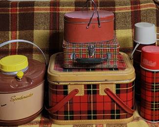 Plaid Picnic tin, picnic basket, and thermos