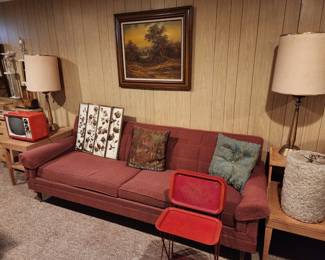 Mid-Century couch, end tables, and metal TV Trays.