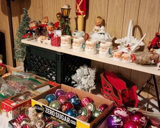 Vintage Christmas. Mercury Glass Ornaments,  elf knee huggers,  Santa face Noel mugs.