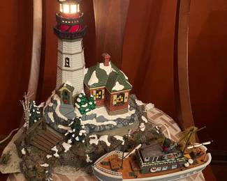 Snow Village light house, stand, and boat