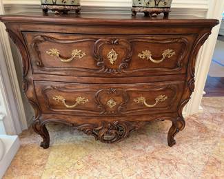 1. Hand Carved Louis XV Bombe 2 Drawer Chest (46" x 20" x 34")