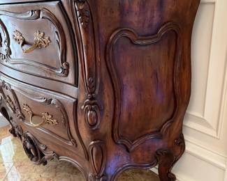 1. Hand Carved Louis XV Bombe 2 Drawer Chest (46" x 20" x 34")