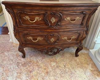 2. Hand Carved Louis XV Bombe 2 Drawer Chest (46" x 20" x 34")