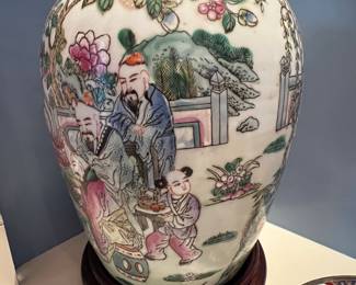 18. Hand Painted Ginger Jar w/ Wood Stand (12")