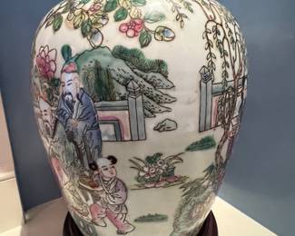 18. Hand Painted Ginger Jar w/ Wood Stand (12")