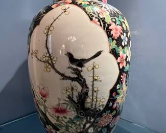 16. Black Lidded Floral Asian Vase (10")