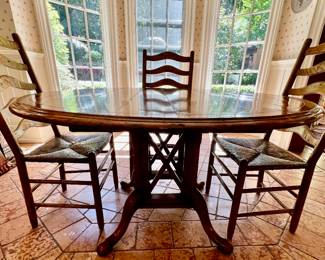 43. Plank Top Dining Table w/ Birdcage Base (51" x 31")
44. Set of 4 Ladderback Chairs w/ Rush Seat (20" x 18" x 42")