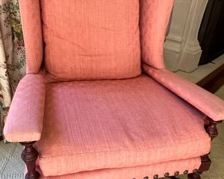 66. Custom Wing Back Chair w/ Carved Wood Base and Nailhead Detail (34" x 36" x 45")