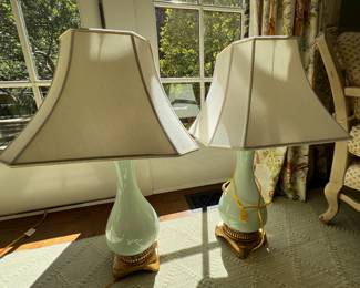 69. Pair of Celadon Lamps on Gilt Base (33")