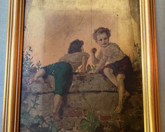 164. Vintage Painting of Boys on Wall w/ Gilt Frame (11" x 14")