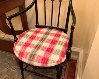 176. Pair of Regency Style Black Gilt Painted Arm Chairs w/ Cane Seat and Cushions (21" x 20" x 36")