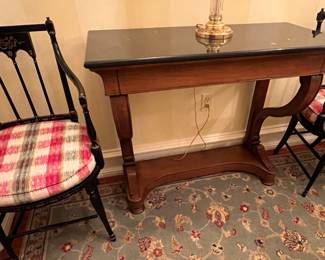 176. Pair of Regency Style Black Gilt Painted Arm Chairs w/ Cane Seat and Cushions (21" x 20" x 36")
177. Stone Top Console Table (39" x 18" x 33")