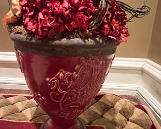 201. Red Ceramic Vase w/ Faux Flowers (18")