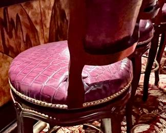 208. Set of 4 Swivel Bar Stools w/ Carved Frame Stamped Leather and Nailhead Detail (20" x 46") (seat ht 30")