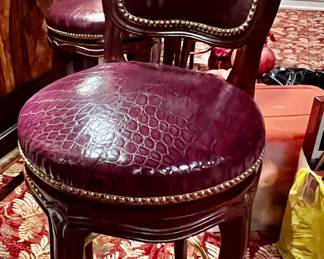 208. Set of 4 Swivel Bar Stools w/ Carved Frame Stamped Leather and Nailhead Detail (20" x 46") (seat ht 30")