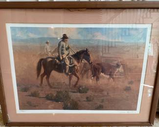 91. Signed Lithograph of Cowboys 153/950 (31" x 24") (frame as is)
