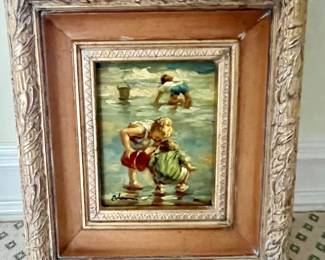 125. Signed Oil on Canvas of Children at Seashore in Gilt Frame (17 x 20")