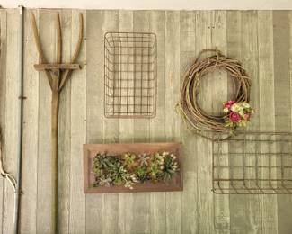 Primitive wood pitch fork and other farmhouse items.