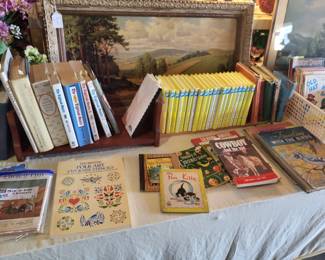 Lots of vintage children's books (many not shown here). Howdy Doody book, Nancy Drew, Dr. Seuss, old readers...  Also not shown... SO MUCH paper ephemera, including old post cards, old movie star scrap books, old travel brochures, vintage greeting cards, old maps.... 