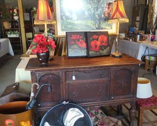 Lovely old buffet, sewing stand, umbrella holder, area rugs, buffet lamps.....