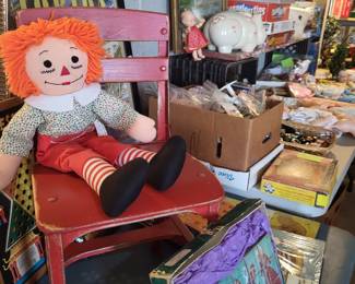 Red school chair, Raggedy Andy, vintage children's puzzles, toys, OLD doll house furniture, piggy bank....