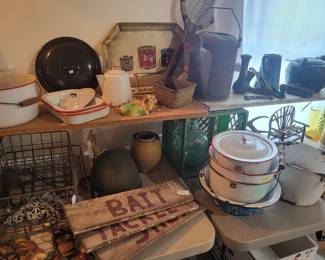 Enamelware galore!  Some are in great shape, some have heavy ware - lots to select from.  Architectural salvage items. 