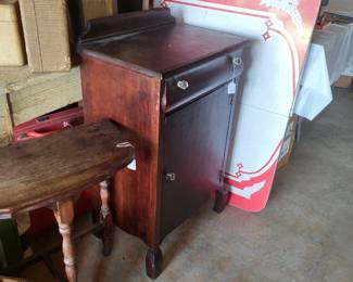 1940's dinette table top, old Victrola stand, side tables, old luggage....