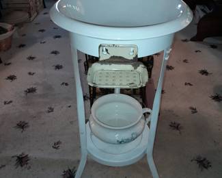 Pitcher & Wash Basin W/ White Enamel Floor Stand