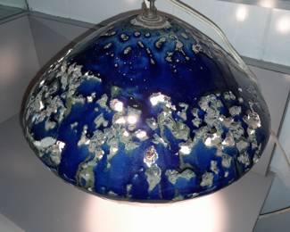 FABULOUS ORIGINAL MID-CENTURY MODERN HANGING BLUE SPECKLED POTTERY CEILING LIGHT FIXTURE! (STILL WORKS!)