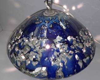 FABULOUS ORIGINAL MID-CENTURY MODERN HANGING BLUE SPECKLED POTTERY CEILING LIGHT FIXTURE! (STILL WORKS!)
