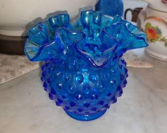 Blue Hobnail Ruffled Edge Vase
