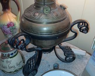 Brass & Cast Iron Lamp W/ Glass Globe Shade