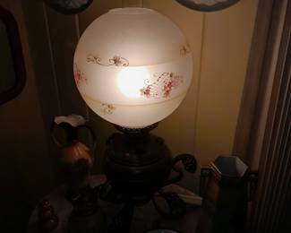 Brass & Cast Iron Lamp W/ Glass Globe Shade