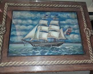 Hand Painted Wooden Ship Motif Potty/Chamber Pot