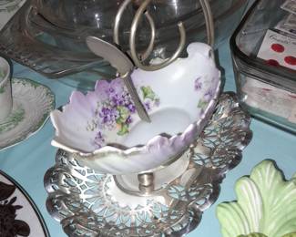 Antique Bowl W/ Silver Toned Holder & Spoon
