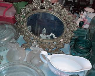 Gold Toned Ornate Mirror W/ Foot