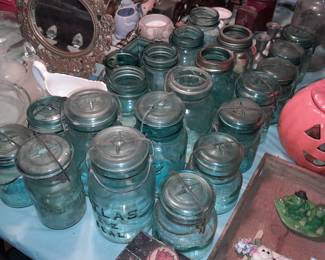 Antique Blue Glass Mason Jars (Some With Lids)