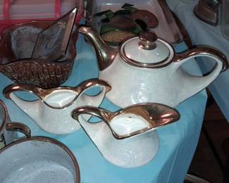 Vintage Pearl Tea Set W/ Teapot, Creamer, & Open Sugar Bowl (22K Gold Painted Trim)