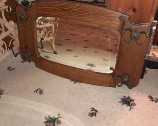 Antique Wall Mounted Wooden Coat Hook Unit W/ Mirror