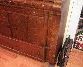 Antique Tiger Oak Wooden Cabinet W/ Mirror