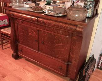 Antique Tiger Oak Wooden Cabinet W/ Mirror