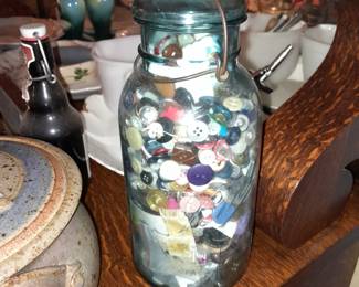Antique Blue Glass Mason Jar Full Of Buttons