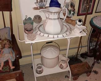 White Enamel Bathroom Vanity/Stand W/ Bowl & Pitcher