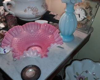 Fenton Pink Ruffled Edge Hobnail Bowl & Blue Fenton Ruffled Edge Vase