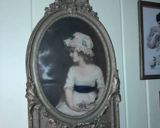 Large Ornate Wall Mounted Mirror W/ Framed Lady At The Top
