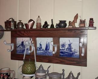 Wall Mounted Wooden Shelf W/ Blue Tile Inserts