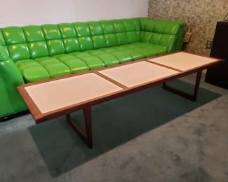 6 Ft Mid Century Coffee Table with white glass inserts 