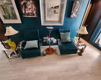 Pair peacock blue velvet and lucite chairs